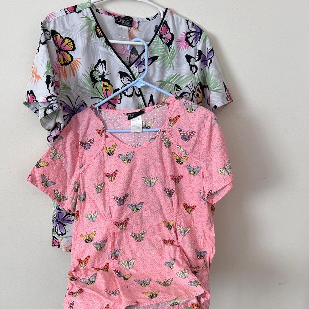 Runway by Cherokee Pink Butterfly Print Scrub Tops - bundle of 2